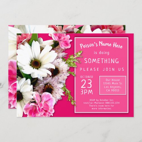 Pink Carnation White Daisy Flower Wedding Birthday Invitation