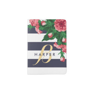 Pink Carnations & Blue Stripes Monogram Passport Holder