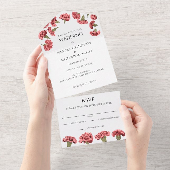 Pink Carnations Luxe Modern Floral Custom All In One Invitation (Tearaway)