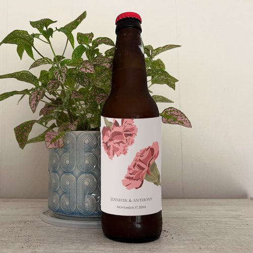 Pink Carnations Luxe Modern Floral Wedding Beer Bottle Label