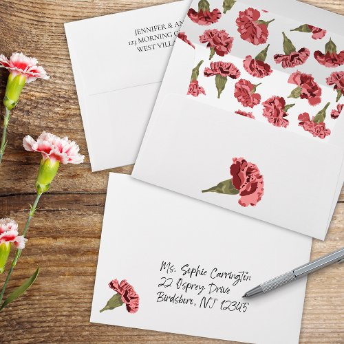 Pink Carnations Luxe Modern Floral Wedding Envelope