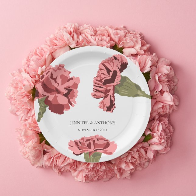 Pink Carnations Luxe Modern Floral Wedding Paper Plates (Creator Uploaded)