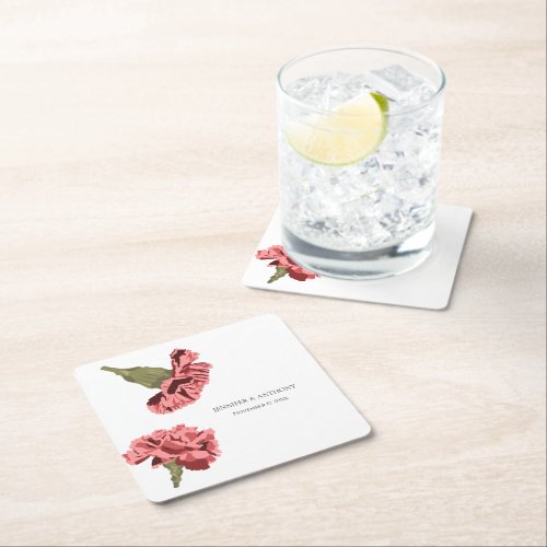 Pink Carnations Luxe Modern Floral Wedding Square Paper Coaster