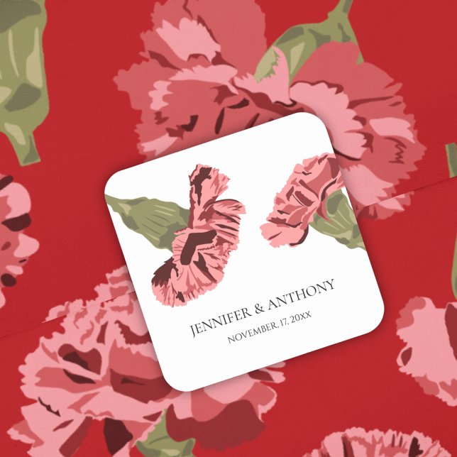 Pink Carnations Luxe Modern Floral Wedding Square Sticker (Creator Uploaded)