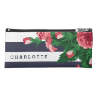 Pink Carnations & Navy Blue Stripes Custom Name Pencil Case