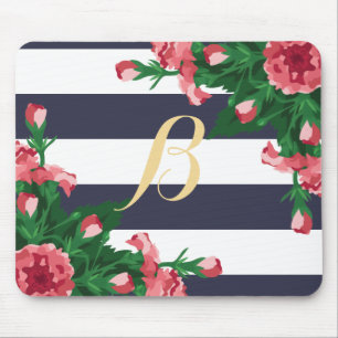 Pink Carnations & Navy Blue Stripes Monogram Mouse Pad