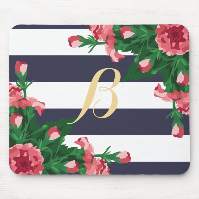 Pink Carnations & Navy Blue Stripes Monogram Mouse Pad (Front)
