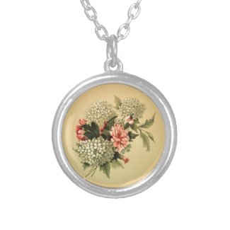 Pink Carnations, White Hydrangeas, VIntage Floral Silver Plated Necklace