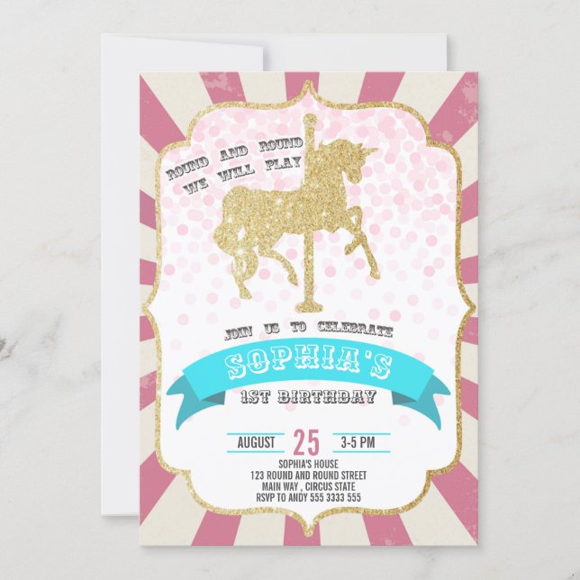 Pink Carnival Carousel Girl First Birthday Circus Invitation (Front)