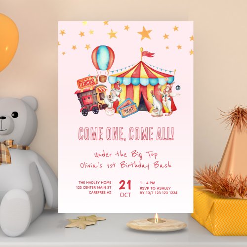 Pink Carnival Circus 1st Birthday Bash Invitation
