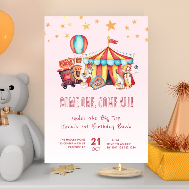 Pink Carnival Circus 1st Birthday Bash Invitation (Creator Uploaded)