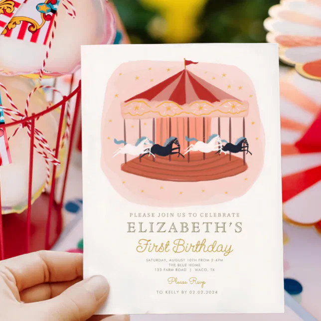 Pink Carousel Carnival Circus First Birthday Invitation | Zazzle