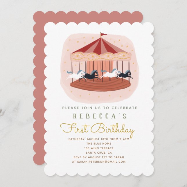 Pink Carousel First Birthday Invitation (Front/Back)