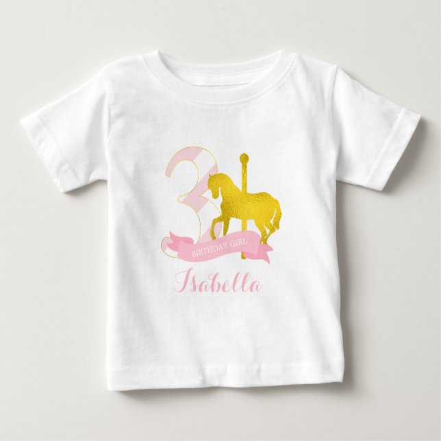 Pink Carousel Horse Birthday Girl Baby T-Shirt (Front)