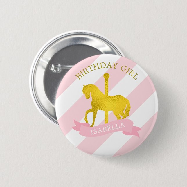 Pink Carousel Horse "Birthday Girl" Button (Front & Back)