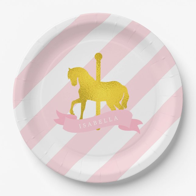 Pink Carousel Horse Birthday Party Paper Plates (Front)