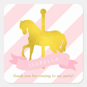 Pink Carousel Horse Birthday Square Sticker