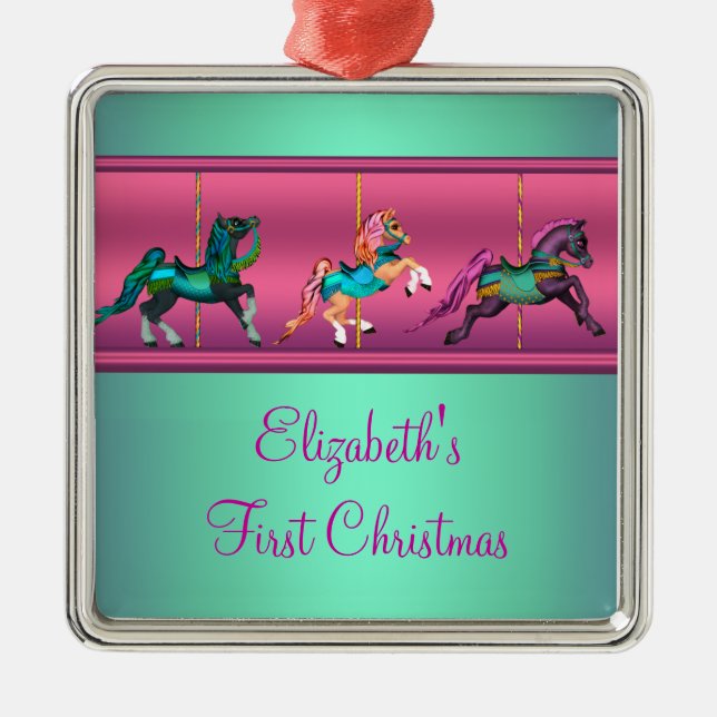 Pink Carousel Teal & Purple Baby's Frist Christmas Metal Ornament (Front)