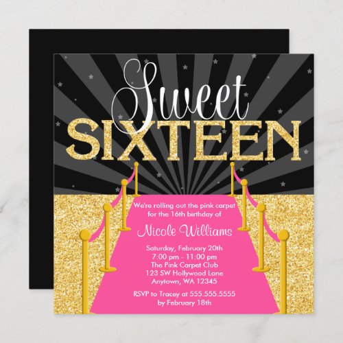 Pink Carpet Gold Glam Hollywood Sweet 16 Birthday Invitation