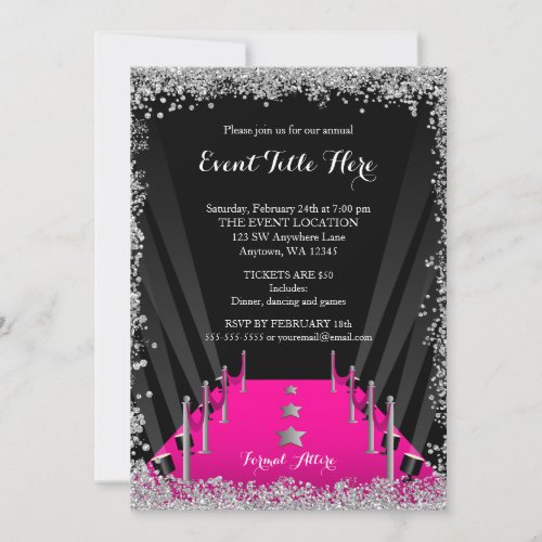 Pink Carpet Hollywood Silver Glitter Formal Event Invitation