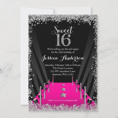 Pink Carpet Hollywood Silver Glitter Sweet 16 Invitation