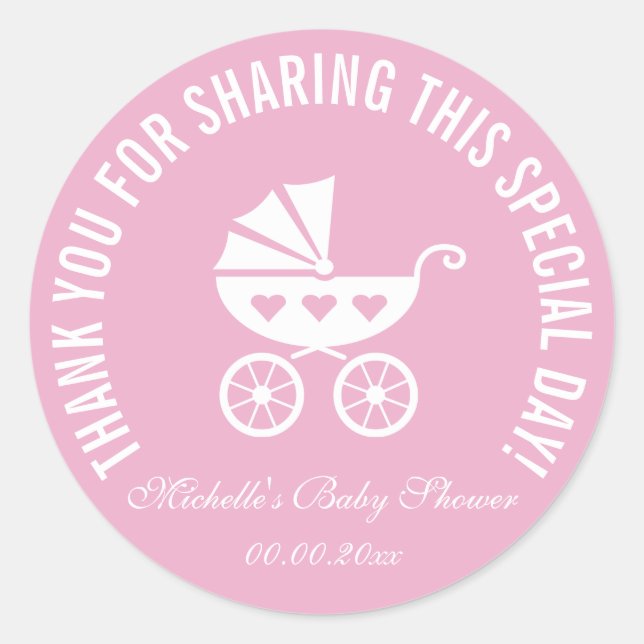 Pink carriage baby shower party favor stickers (Front)