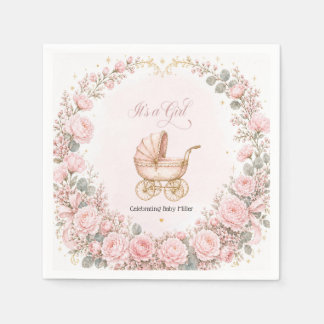Pink Carriage It's a Girl Baby Shower Personalized Napkins