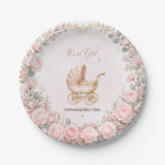 Pink Carriage It's a Girl Baby Shower Personalized Paper Plates