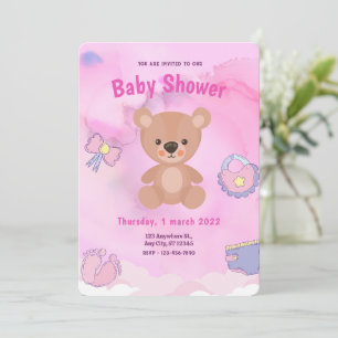 Pink Cartoon Bear Rainbow Baby Shower Invitation