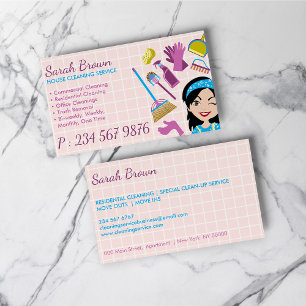 Pink Cartoon Broom Maid House Cleaning Service Business Card