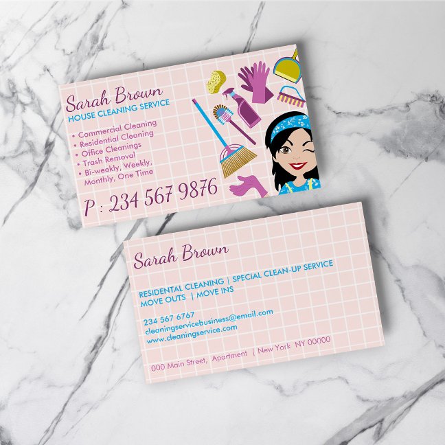 Pink Cartoon Broom Maid House Cleaning Service Business Card