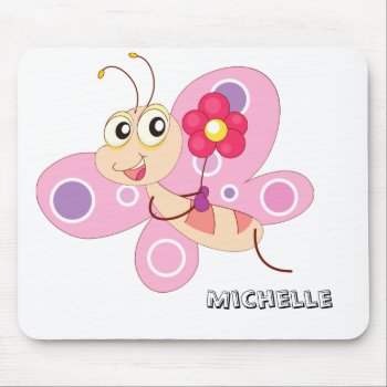 Pink Cartoon Butterfly Mousepad by Shopia at Zazzle