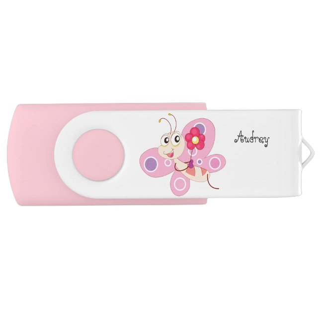 Pink Cartoon Butterfly USB Swivel Flash Drive (Front)