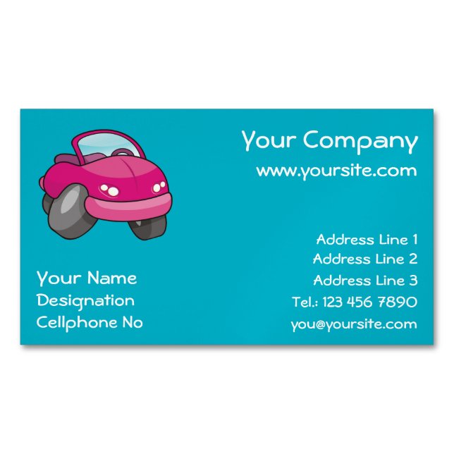 Pink Cartoon Car Business Card Magnet (Front)