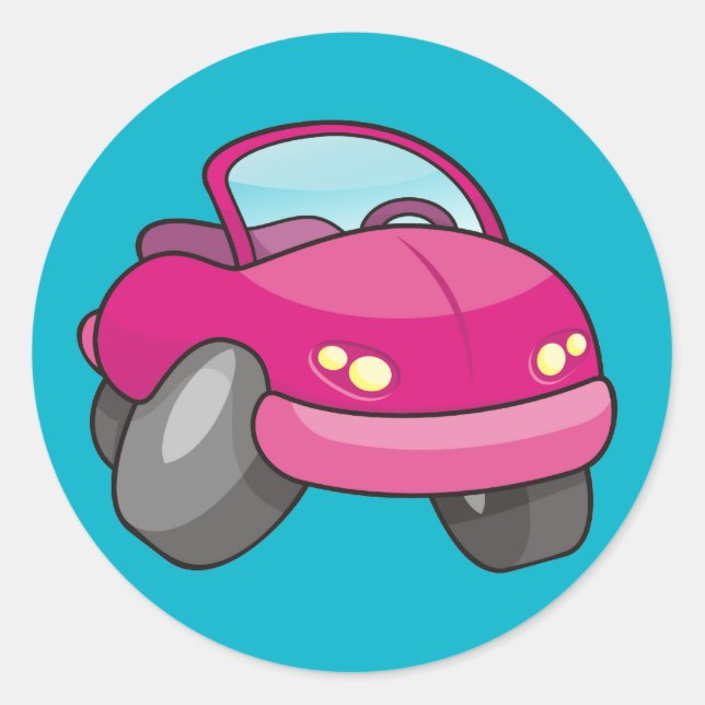 Pink Cartoon Car Classic Round Sticker (Front)