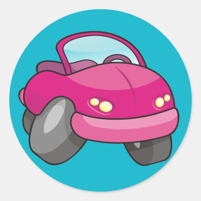 Pink Cartoon Car Classic Round Sticker (Front)