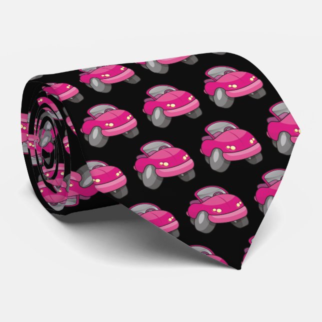 Pink Cartoon Car Pattern Tie (Rolled)
