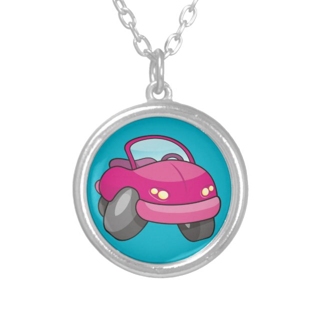 Pink Cartoon Car Silver Plated Necklace (Front)