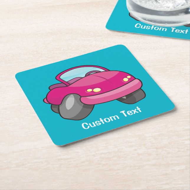 Pink Cartoon Car Square Paper Coaster (Angled)