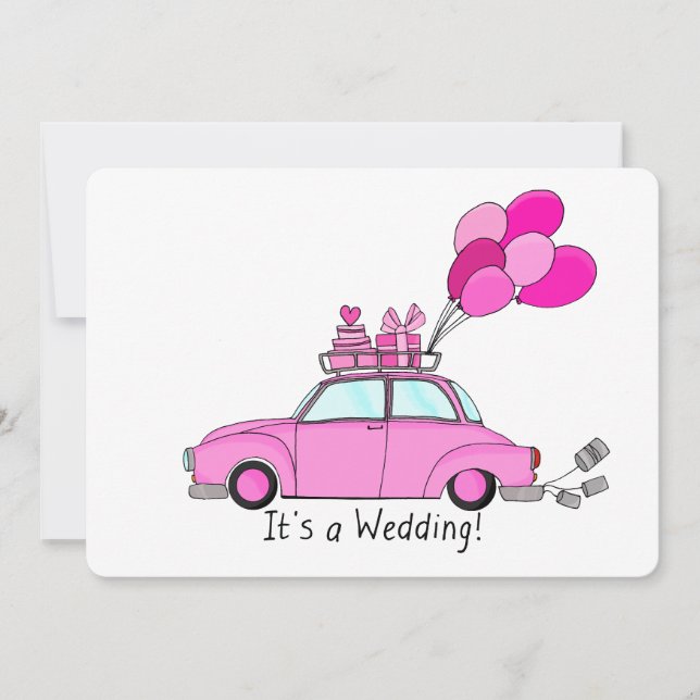 Pink Cartoon car Wedding Invitation (Front)