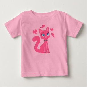 Pink Cartoon Cat and Butterflies Baby T-Shirt