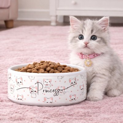 Pink Cartoon Cat Pattern with Stars and Pet Name  Bowl