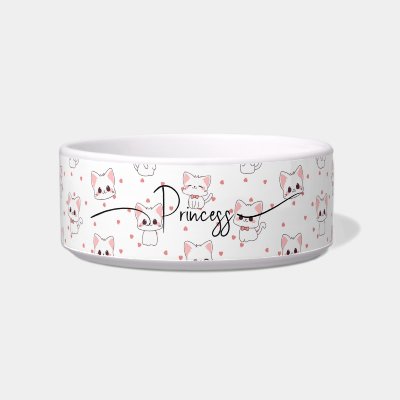 Pink Cartoon Cat Pattern with Stars and Pet Name  Bowl