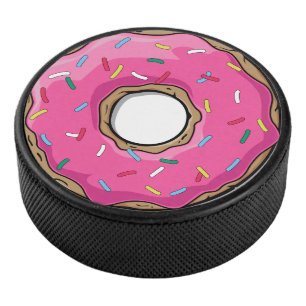 Pink Cartoon Donut with Sprinkles Hockey Puck