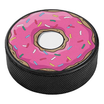 Pink Cartoon Donut With Sprinkles Hockey Puck by GroovyFinds at Zazzle