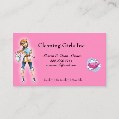 Pink Cartoon Girl House Cleaning Service Business Card
