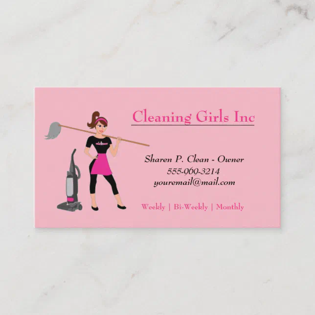 Pink Cartoon Girl With Mop House Cleaning Service Business Card | Zazzle