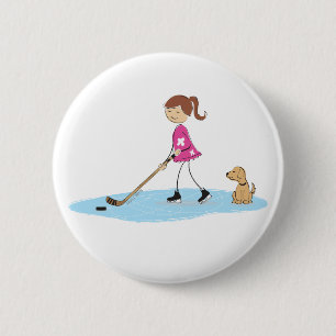 Pink Cartoon Hockey Girl Player Pinback Button