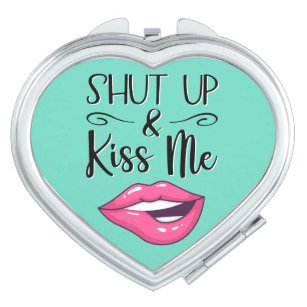 Pink cartoon lips Shut up and kiss me light blue Compact Mirror