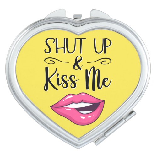 Pink cartoon lips Shut up and kiss me yellow Compact Mirror